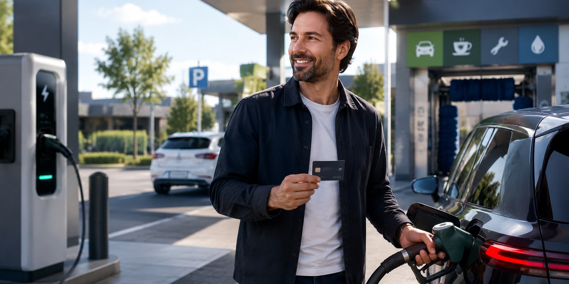 Un professionnel tient sa carte de frais de mobilité à la station : borne de recharge, parking, lavage et pistolet à carburant dans le même lieu.